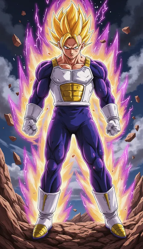 "Future Trunks, 18 years old and handsome, stands in mid-air. His body is covered by a blue battle suit. His sharp eyes are filled with anger. His spiky blonde hair is surrounded by a thick golden aura with fierce lightning bolts. Debris floats around, sho...