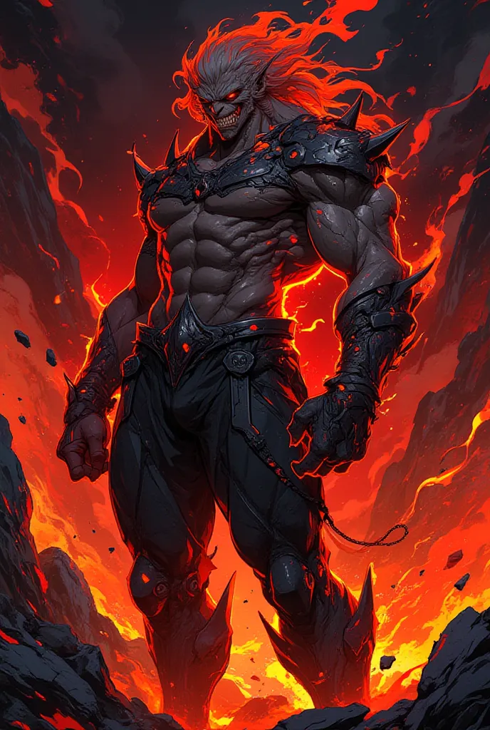 Anime boy with hair made out of molten lava, With arms made out of molten lava and Jagged black obsidian rock with Ruby red eyes and a feral grin with an extremely handsome face and very muscular body.