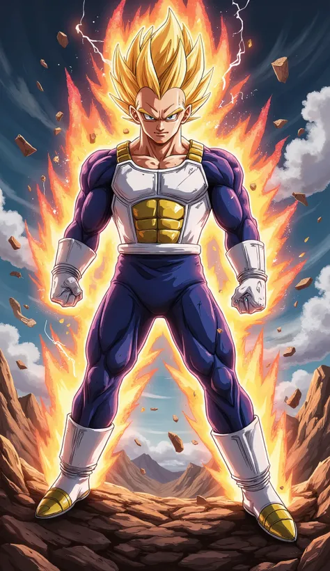 "Future Trunks, 18 years old and handsome, stands in mid-air. His body is covered by a blue battle suit. His sharp eyes are filled with anger. His spiky blonde hair is surrounded by a thick golden aura with fierce lightning bolts. Debris floats around, sho...