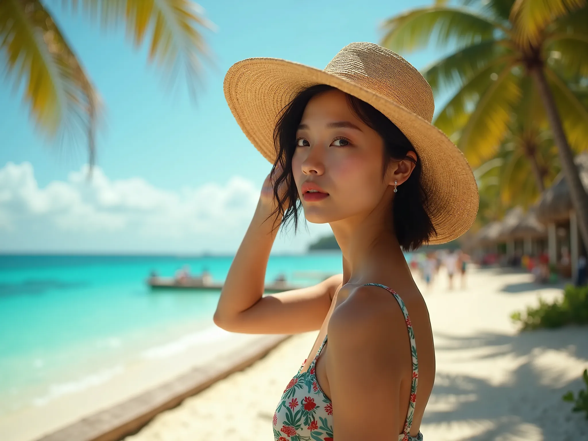 a asian beauty girl in a straw hat standing on a tropical beach pier, arm up to head, detailed face, beautiful blue ocean, tropical palm trees, warm summer lighting, golden hour, cinematic mood, highly detailed, photorealistic, (best quality,4k,8k,highres,...