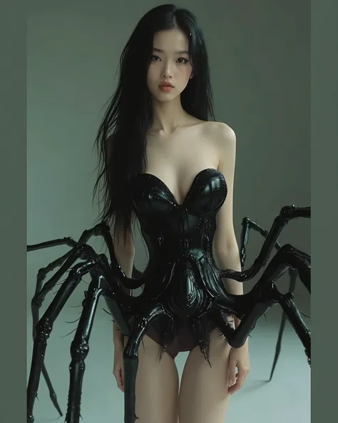 A small Asian woman with long white hair cute face and big breast half human half spider black widow, real photo studio bizzare photo, disturbed photo