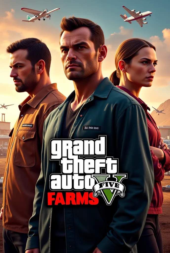 Gta V logo with 3 characters side by side only half body 2 men and 1 woman. Written on the bottom half of GTA FARMS in 3D. In the background vehicles and planes delivering schemes.