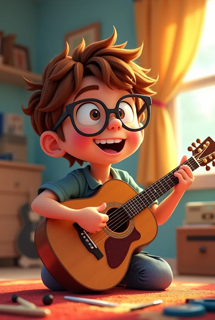 Cartoon young ager with brown hair and glasses playing the guitar