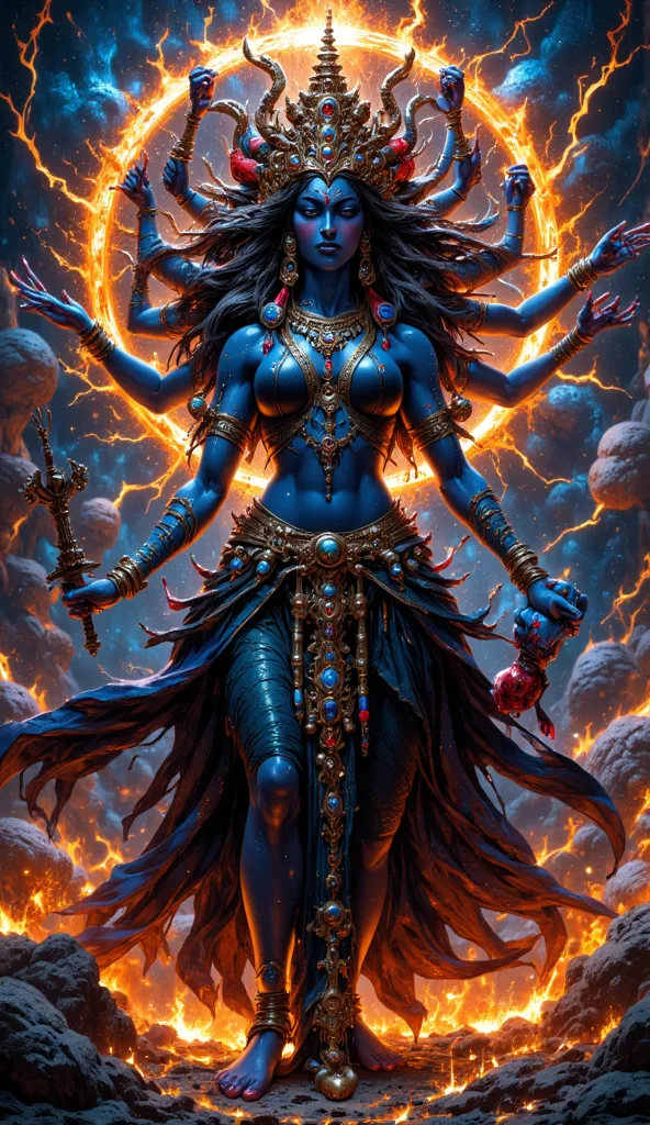 (((KALI))) best quality, ultra-high resolution, 4K detailed CG, master piece, KALI, Hindu goddess,Dancing, Hindu mythology, Hindu image,((full body), aesthetic, centered on screen,full body