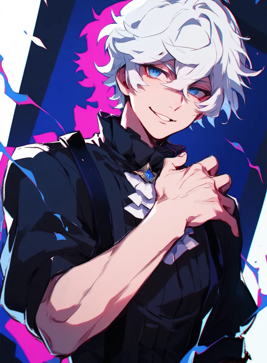  A young man with tousled white hair, short and slightly unkempt, giving him an effortlessly alluring charm. His expressive blue eyes, sharp yet mysterious, contrast against his pale, flawless skin. His delicate yet well-defined features create a striking ...