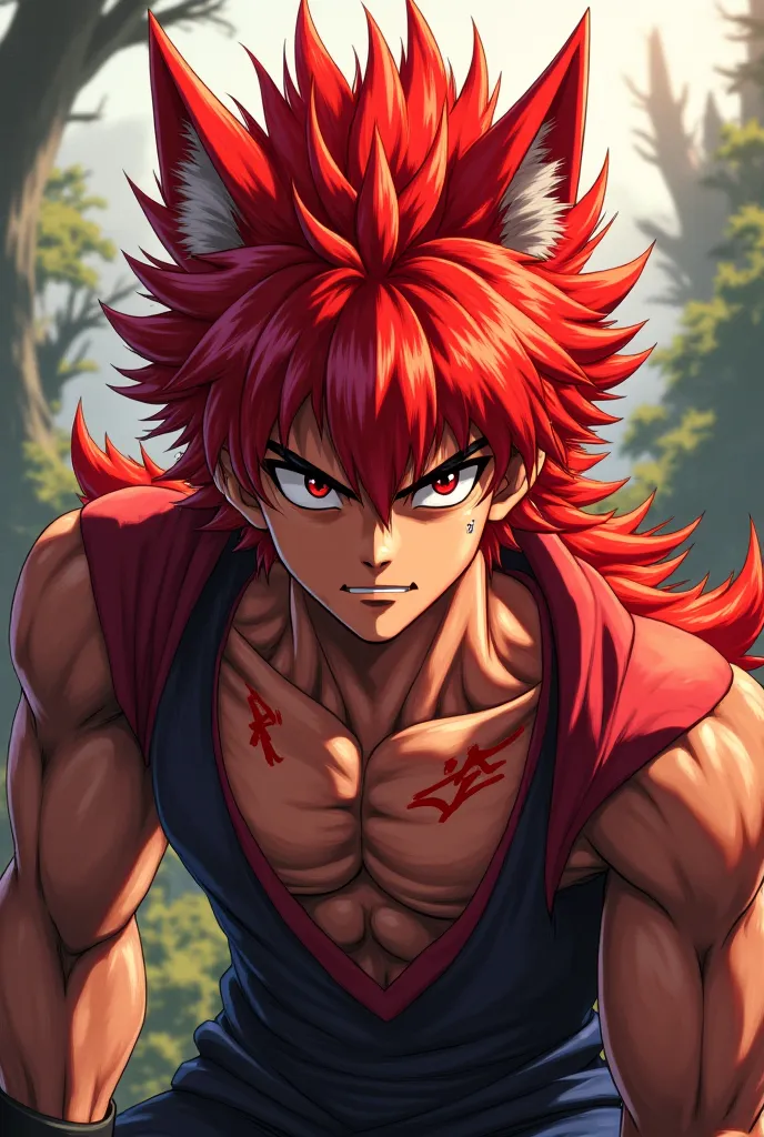 Red, long hair, no long hair above the shoulders, sharp eyes, manly, wild, wolf, 18 years old anime character