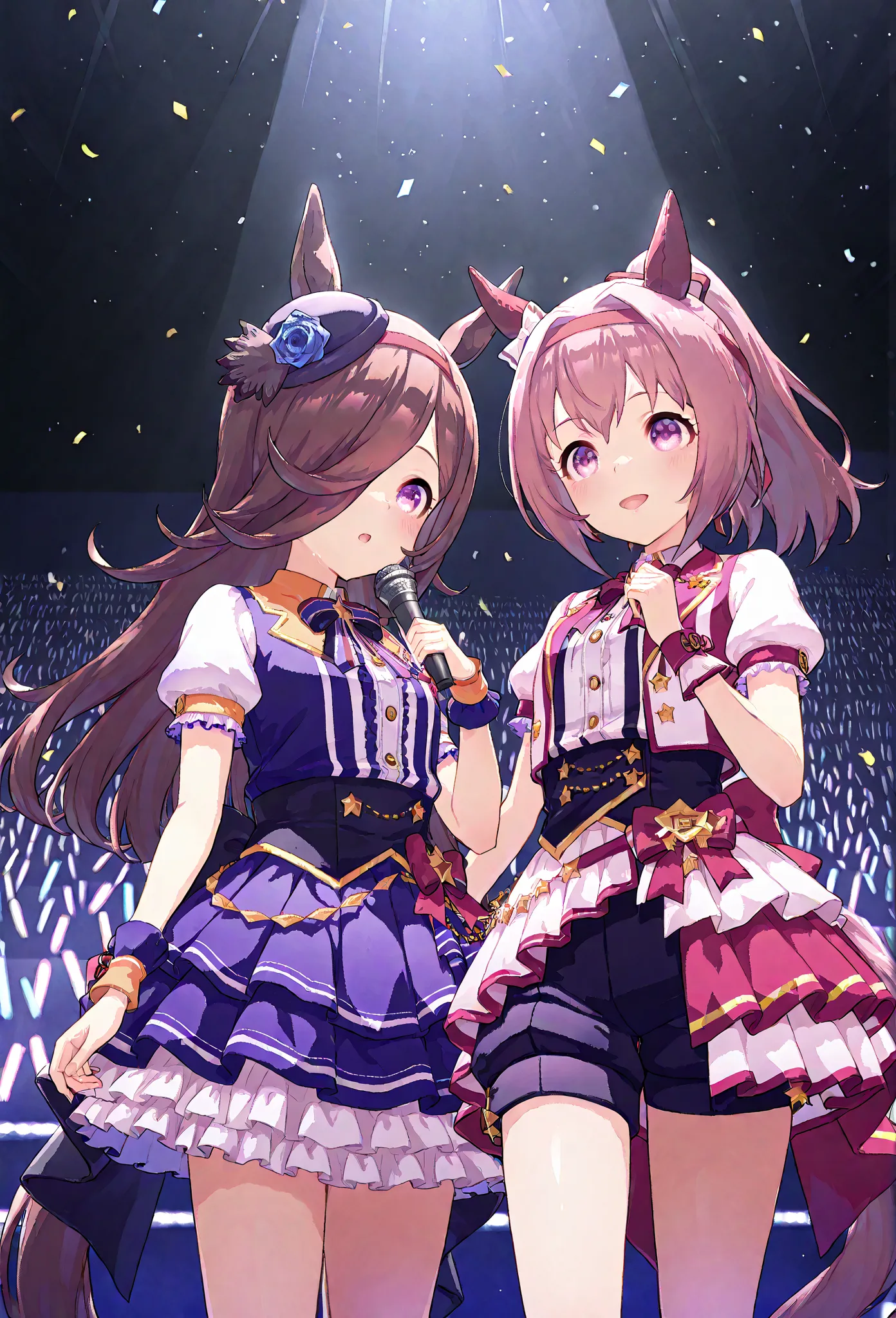 2girls,deTailed eyes, girl, rice shower (  Uma Musume),    horse ears,  animal ears,  her hair hangs down to hide her eyes, horse Tail, ponytail、idol costume、 sings on stage、　　　　　　　　　　　　　　　　　　　　　　　　　　　　UMAHU ,horse ears,red ear covers,white hairbow,red hea...