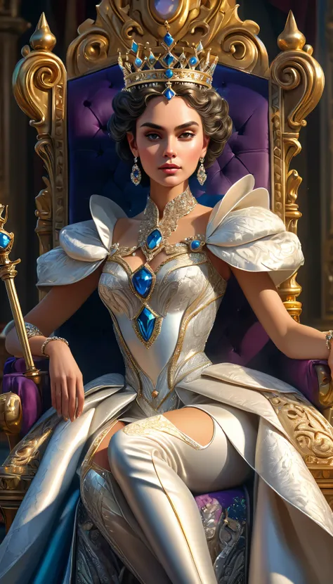beautiful queen in a gorgeous dress, Holding a short scepter, wearing an elaborate crown, sitting on a precious throne, intricate, Detailed, exquisite throne, highly detailed face, Exquisite facial features, flawless skin, piercing look, elegant posture, b...