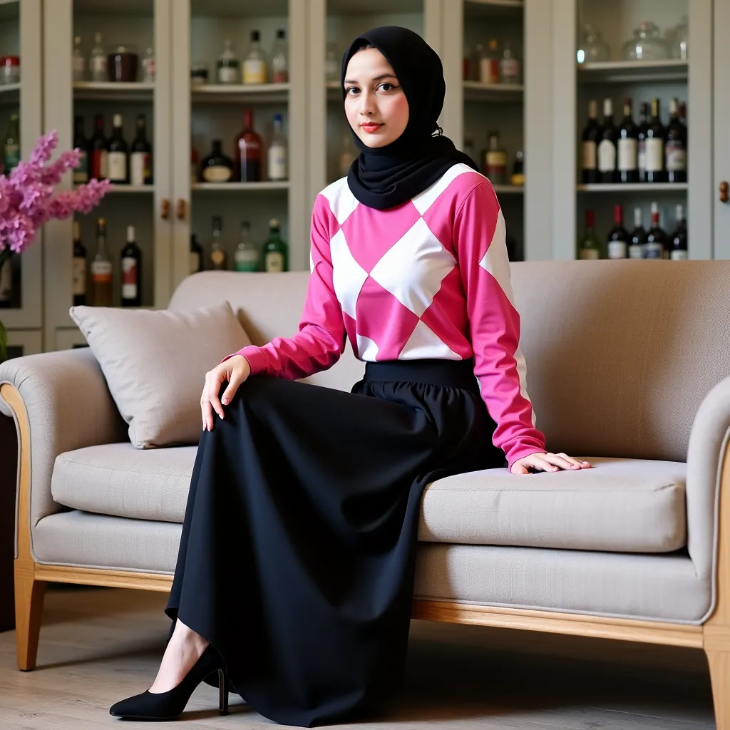 a woman of ideal posture , sit gracefully and confidently on the sofa. She was wearing a black hijab and a pink and white argyle patterned top and a black maxi skirt. The top features a classic diamond pattern in alternating pink and white, creates a bold ...