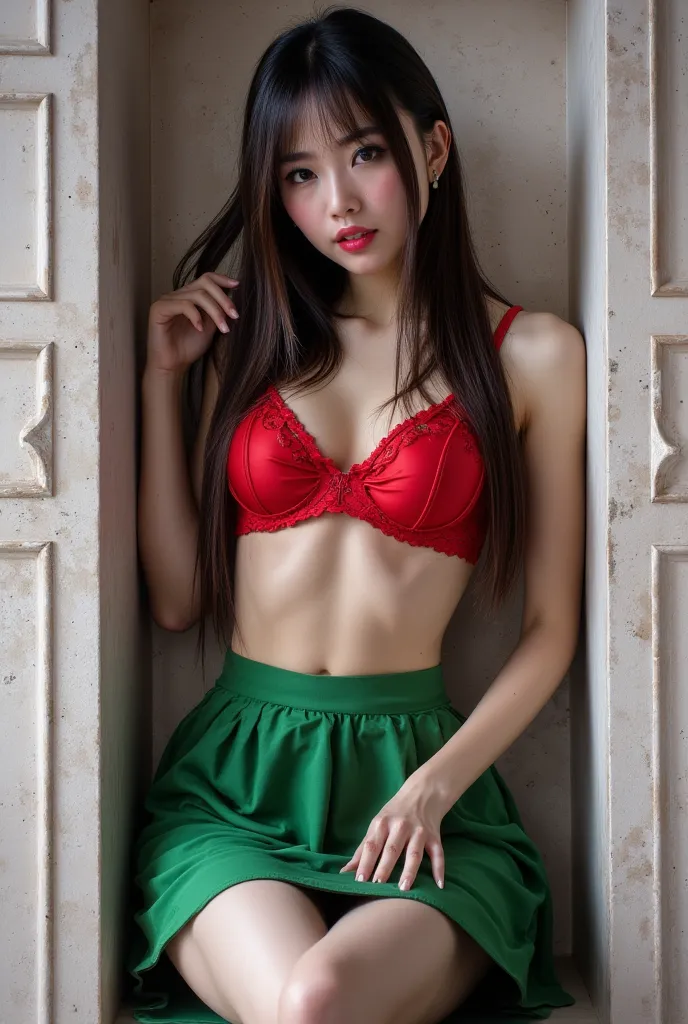 Chinese woman with straight hair in a red bra and a tight green skirt in a wall niche 