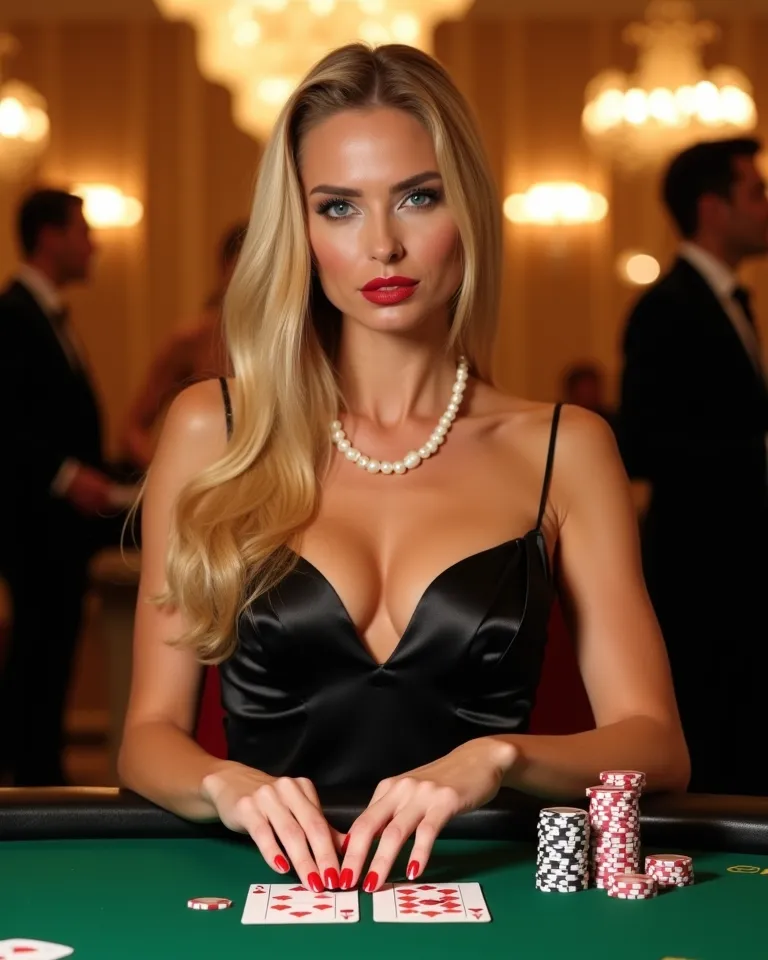 A stunning blonde woman with piercing blue eyes, perfectly sleek golden hair, and deep red lips sits elegantly at the blackjack table in a luxurious Monaco casino. Her sculpted features, enhanced by subtle golden lighting, exude confidence and seduction.

...