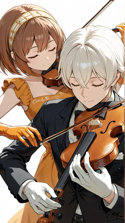 one girl,  The long ,  short hair , simple background, brown hair, gloves,  1 boy , white background,  dress , Holding, eyes are closed,  white hair ,  hair band , elbracket gloves, official, suit, musical instrument, music, playing musical instrument, vio...