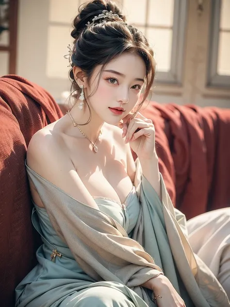 Cute Big Breasts  , ,  Junior Girls ,  Exquisite Body  , Transparent strapless strap  , (Breast close-up  ),[and ,  sitting on a cushion  ,  stretch your legs  ， lens focus between legs , ponytail , hair tie, , ( High color saturation:1.0), ( Delicate skin...