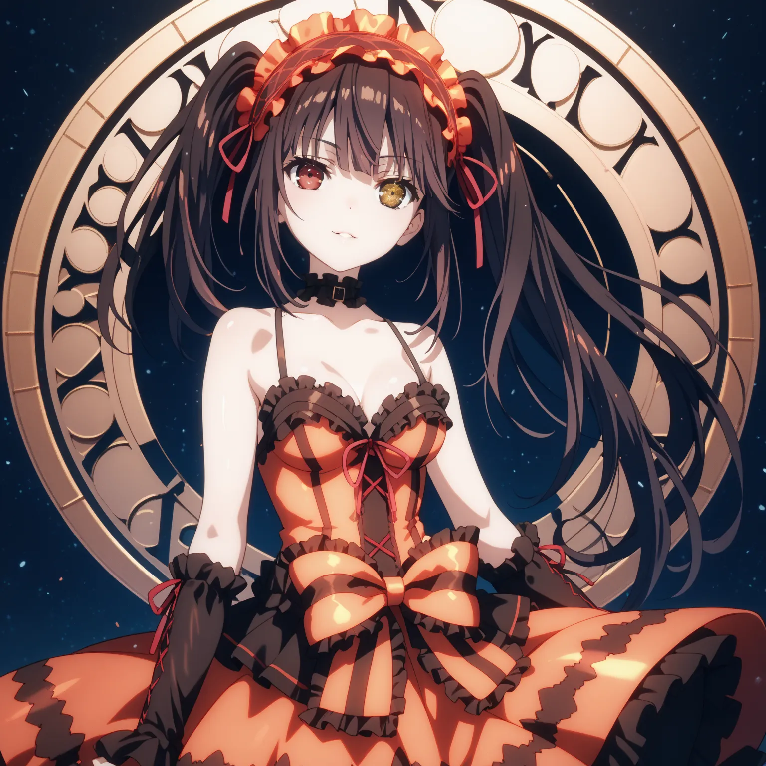 kurumi tokisaki, long hair, twintails, heterochromia, yellow eyes, clock eyes ,symbol-shaped pupils, dress, hairband, black thighhighs, Medium chest, glossy skin, glistening skin, looking at viewer, Tempting body, full body