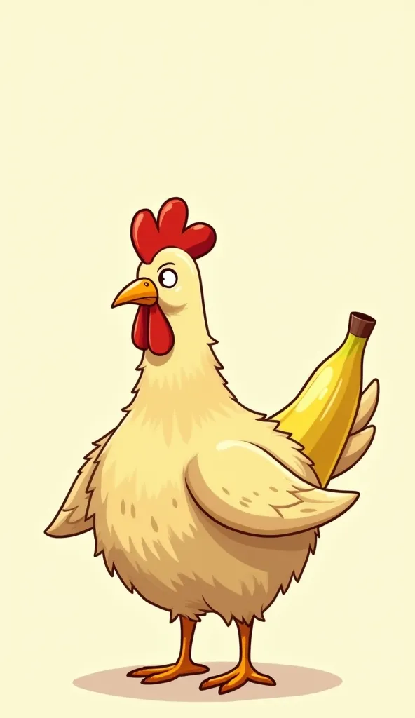 Cartoon-style. A hilarious and slightly odd hybrid creature that is mostly a chicken but with banana features. The body is fluffy and covered in feathers like a regular chicken, but its wings and tail are made of peeled banana pieces instead of feathers. T...