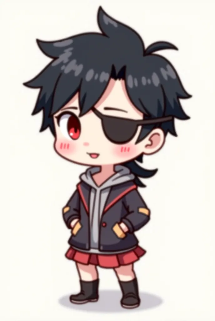 Cute Chibi drawing of a guy with a ponytail with black hair ,red eyes and an eye patch 