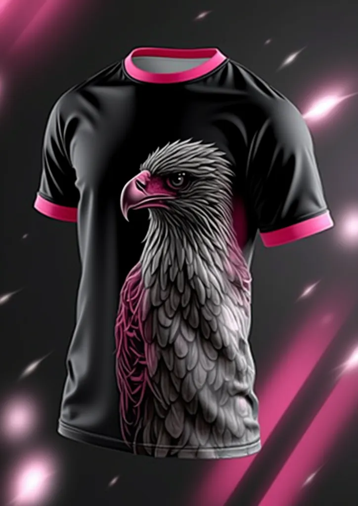 "Generate an image of a black sports t-shirt for a soccer team, with a detailed and realistic eagle in the center, using only shades of gray and pink. The eagle must have wings extended and the head located on the chest, with a clear and not very stylized ...