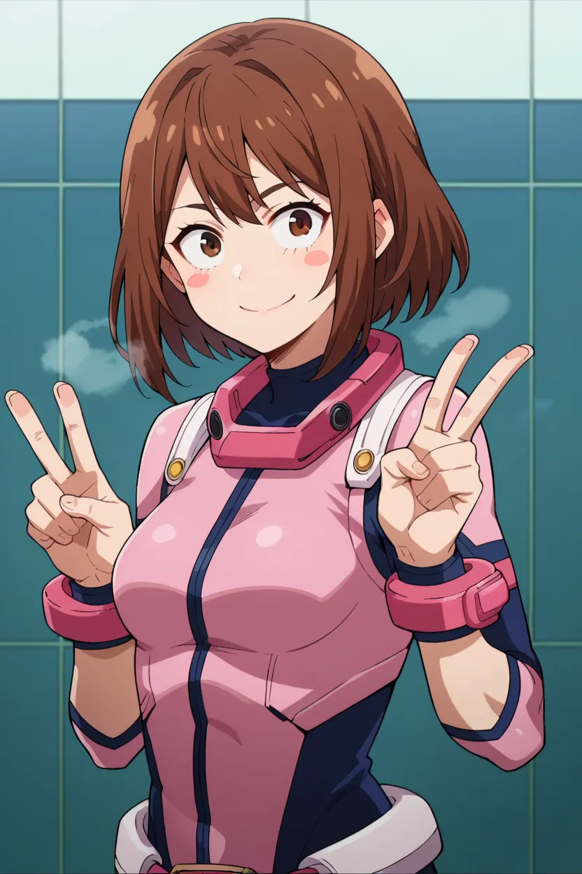 score_9, score_8_up, score_7_up, score_6_up, score_5_up,score_4_up BREAK official style,anime screen capture, Reiji Ochako,  top,girl around her neck, brown hair,brown eyes, Alone, superhero,  HERO BODYSUIT, pink belt , Pink Wrist Guard , Closed Mouth, con...