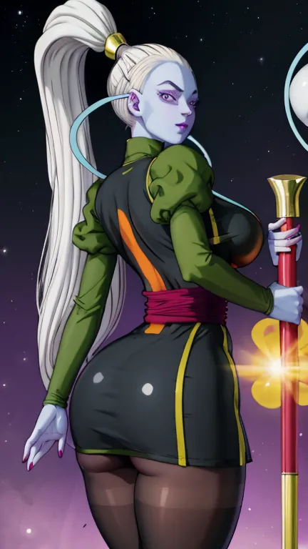 DragonBallSuper_Vados_ownwaifu, 
1girl, blue skin, white hair, hair pulled back, high ponytail, purple eyes, colored skin, alien, long hair, very long hair, lipstick, makeup, purple lips, breasts, large breasts, eyelashes,  jewelry, purple nails,
puffy sle...