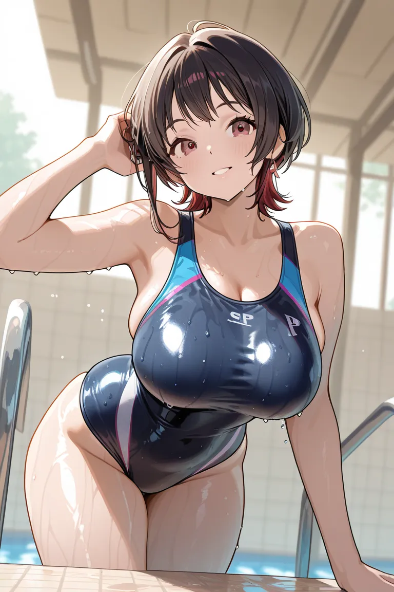 A sporty girl in a wet tight swimsuit that easily shows through her beautiful big curves and big pop ku. She stood right into the frame, leaning over cancer 