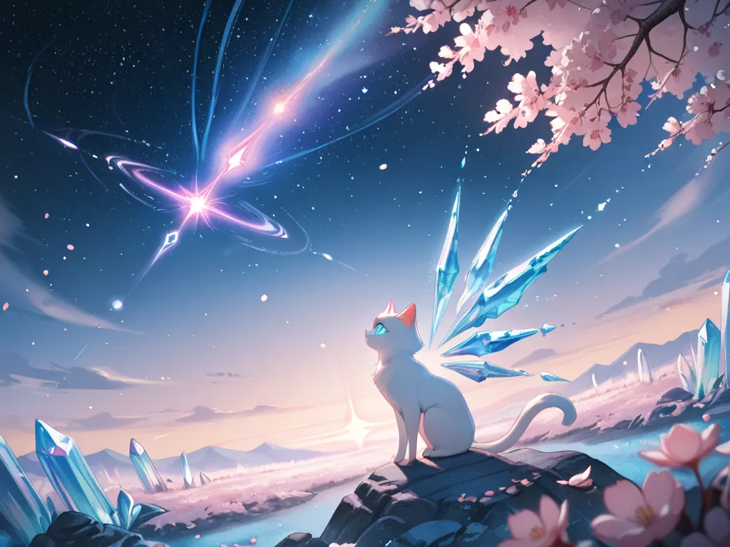 A majestic crystalline structure set against the backdrop of a vast, cosmic landscape, seamlessly blending elements of spring and space. A mystical cat with luminous eyes sits poised beside the crystal, bathed in a soft, ethereal glow. Cherry blossom petal...