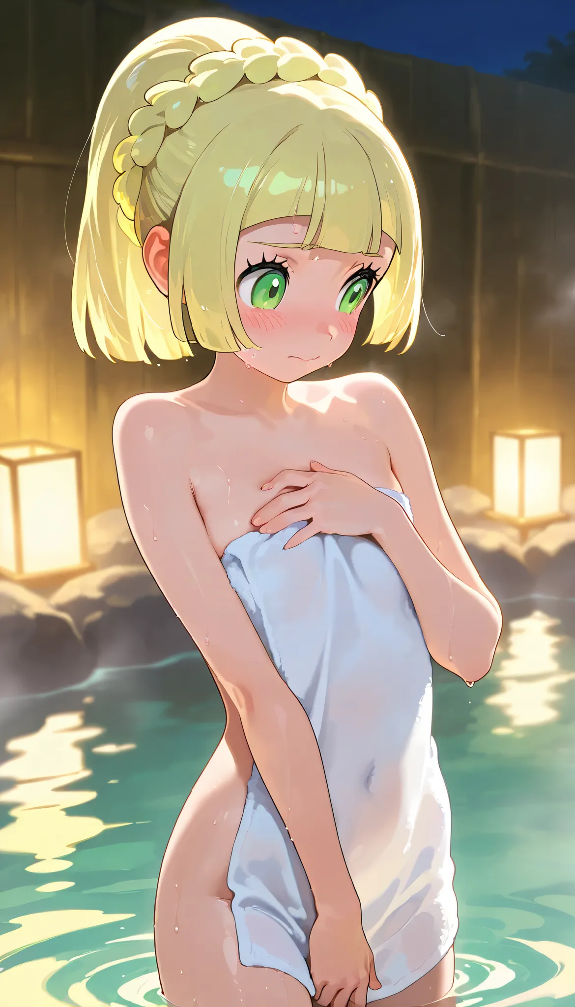 high resolution picture, masterpiece, best quality, amazing quality, solo, 1girl,lillie,flat chest,embarrassed,completely nude ,hot spring ,ponytail,hiding body with bath towel 