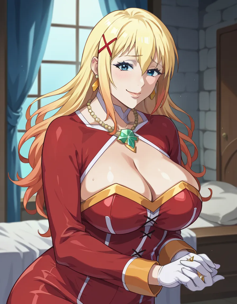 score_9, score_8_up, score_7_up, source_anime, rei miyamoto, Darkness lalatina,konosuba,Big breast,Golden bracelet,Half open eyes,((blue drop earring)),Mature,((Cleavage)),long sleeve,(((diamond Wedding ring))),((Enchanced breast)),(((Cross hairpin))),Blue...