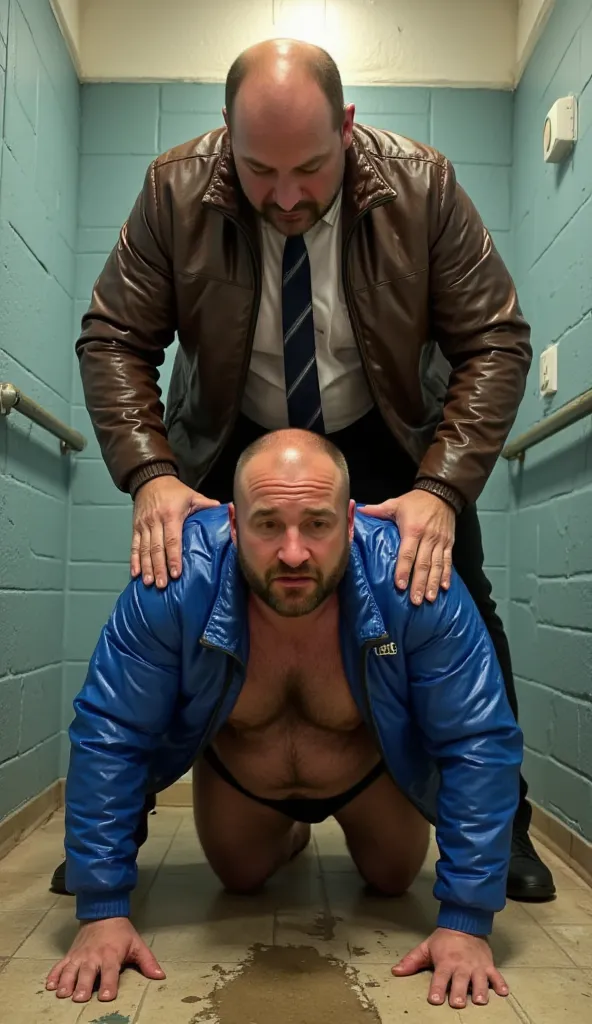 Ultra-realistic image, highly detailed showing a sturdy male employee, attractive, with initial signs of baldness, crawling, On all fours on the dirty and worn floor of a dirty public toilet, wearing only underwear and an extremely bright blue nylon puffer...