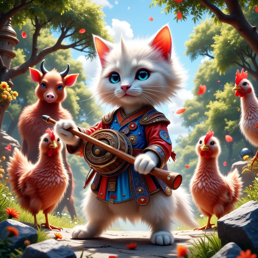 a cute animal band, with a cute white fluffy cat, the cat holding a bamboo flute in a horizontal position with the flute being played, a cute little red buffalo with fluffy fur, the red buffalo holding a drum with a stick ready to beat the drum, a cute lit...