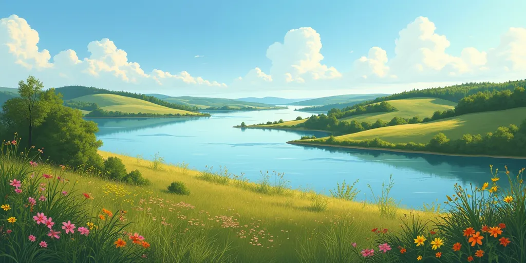 Draw me the left bank of the Kyiv region, namely the nature near the village or in the village of the most beautiful, only without fantasy and mountains and rivers and also hills, only plain plain, in a realistic style.