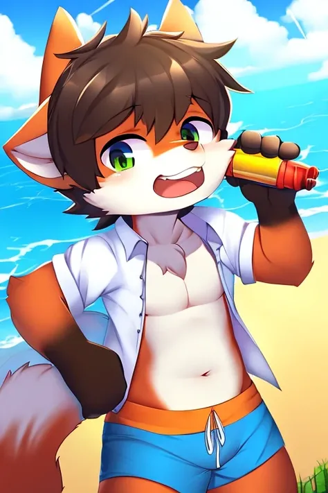 Cute shota boy with thick hair fox ears tail detailed body open shirt high quality short pants holding a water gun 