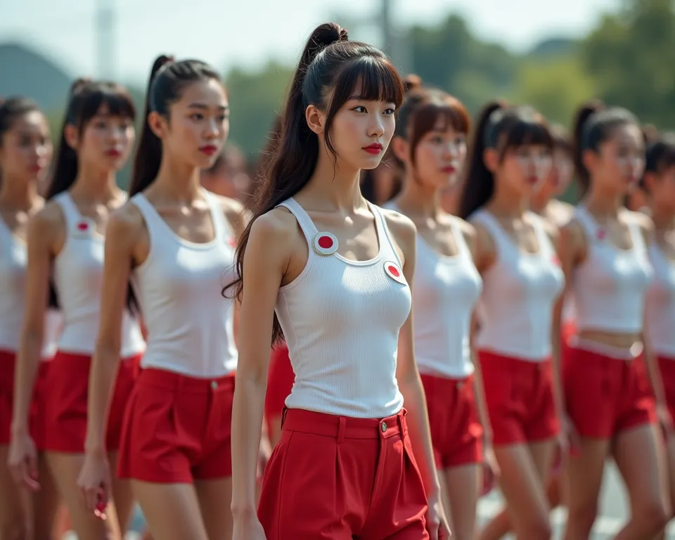 Regiment of women marching in line, beautiful women with different builds and faces, different hair colors for each of them, wearing the Japanese uniform tank top and mini shorts with the Japanese flag badge on their kepi. Ultra definition: 2.2, ultra real...