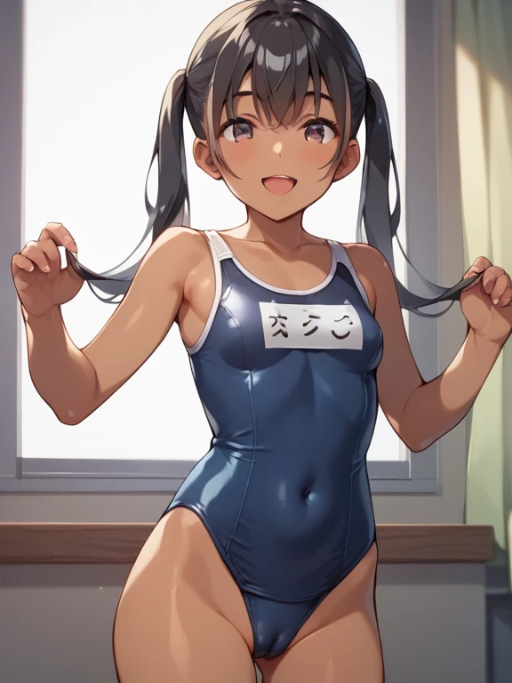 score_9, score_8_ up, score_7_ up，score_６_ up, score_5_ up， source_anime，nsfw， uncorrected，best quality, masterpiece, details, Memucho, very young ，Low body，toddler body，Twin tails and bangs、smile、brown skin、black hair、small breasts、school swimsuit，camel t...