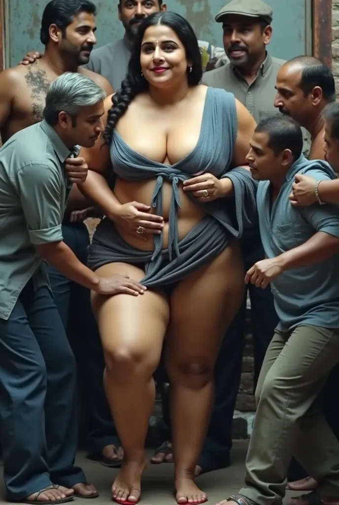 Indian actress naughty Vidya Balan.  thick figured, slightly Bulky body. Wearing flimsy micro skirt and 𝐟𝐫𝐨𝐧𝐭 𝐨𝐩𝐞𝐧 shirt. Surrounded by old beggars who are pulling her skirt and shirt revealing her massive thighs and thick legs and big breast and huge oil ...