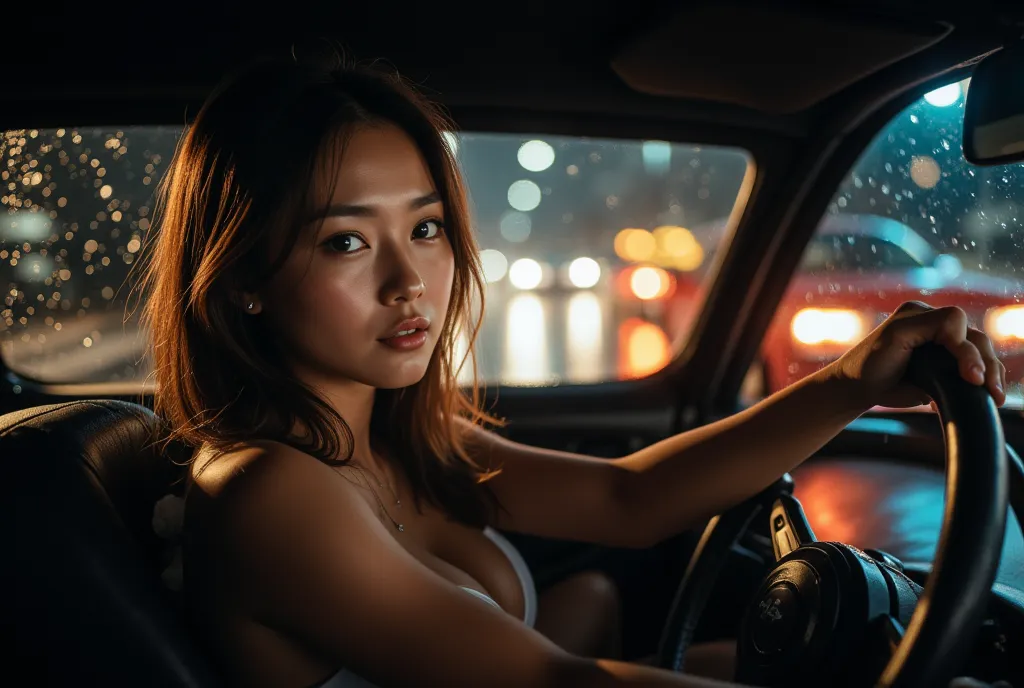 Rainy Night Highway Race、Sexy Female Driver Holding the Steering Wheel、Focus on cleavage、front、 two-shot photo of a parent and  separated by age、Rear vehicle headlights in the background、falling water drops flowing to the left and right of the windshield、t...