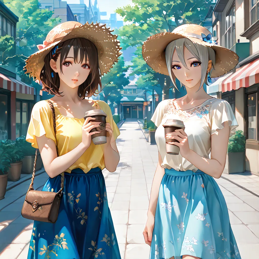 Young woman (ethnicity:1.2), (age:1.1),  (detailed clothing:1.2), (accessories:1.1), (straw hat:1.1) (yellow top:1.1), (blue floral skirt:1.1), (brown purse:1.1) (expression:1.2), (facial features:1.3), (body type:1.1), (pose:1.2), holding coffee cup, cent...