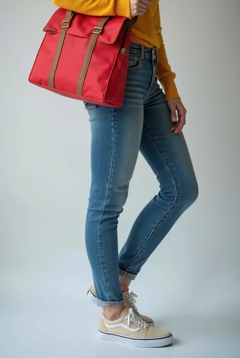 Close-up half-turn of a young woman wearing tight jeans and Vans® sneakers, with a freezer bag on her shoulder, carrying a freezer bag, shutterstock, holding a freezer bag, square bag, thermal materials, carrying a cooler bag