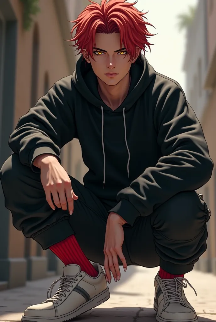 Make a red-haired male character with yellow eyes and with a black sweatshirt with a beautiful bottom with black and white cargo pants and with white shoes with red socks 