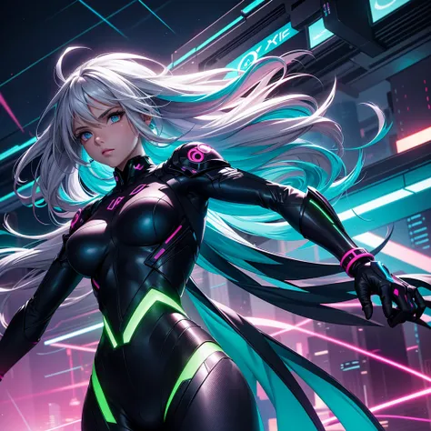 "Create a dynamic 3D anime-style cover art for the song Unstoppable. The scene features a confident, determined young girl standing at the center, with a bright and powerful aura surrounding her. She has futuristic clothing with neon accents, reflecting a ...