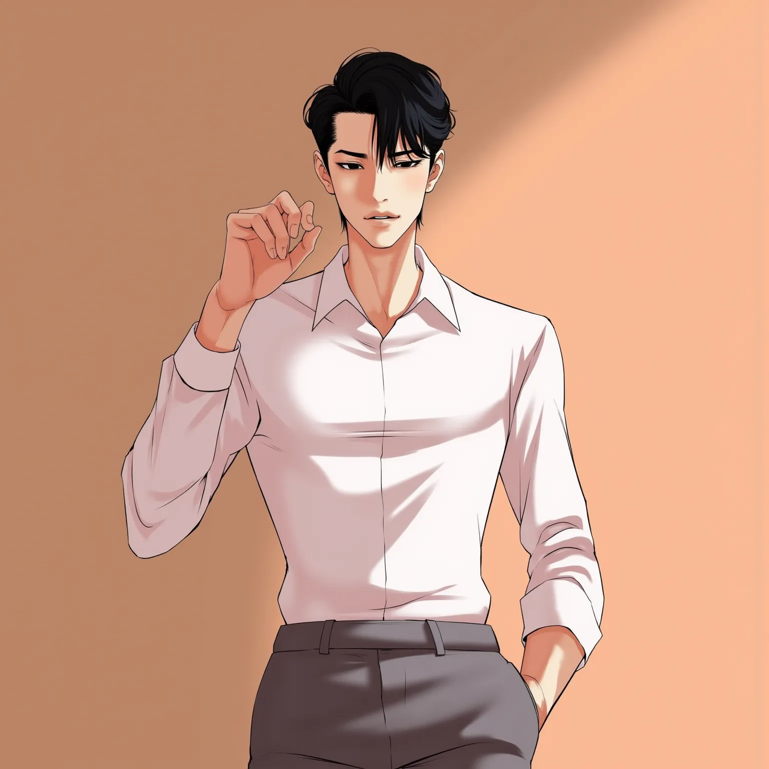 digital paintings on the theme of looking., Manga, , men, slim figure, , black hair is styled up, Sharp face, Elegant Gesture,  handsome, white shirt, trousers, high quality image, 8k, creative photo, . Produced by professional artists., Shadows are dimens...