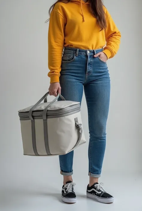 Close-up of a young woman wearing tight jeans and Vans® sneakers, with a basic freezer bag on her shoulder, carrying a freezer bag, shutterstock, holding a freezer bag, square bag, thermal materials, carrying a cooler bag
