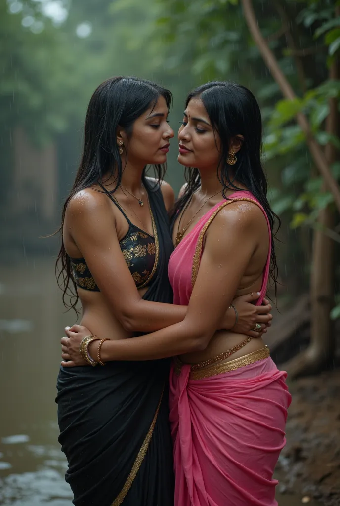 a fully wet young boy hugging waist of a 35 year old busty and voluptuous fully wet indian Women in a hot black and light pink sexy silk half saree(((large breasts ,sweat , low neck v cut blouse ,bulging breasts, cleavage, low waist sexy saree ,sexy navel ...