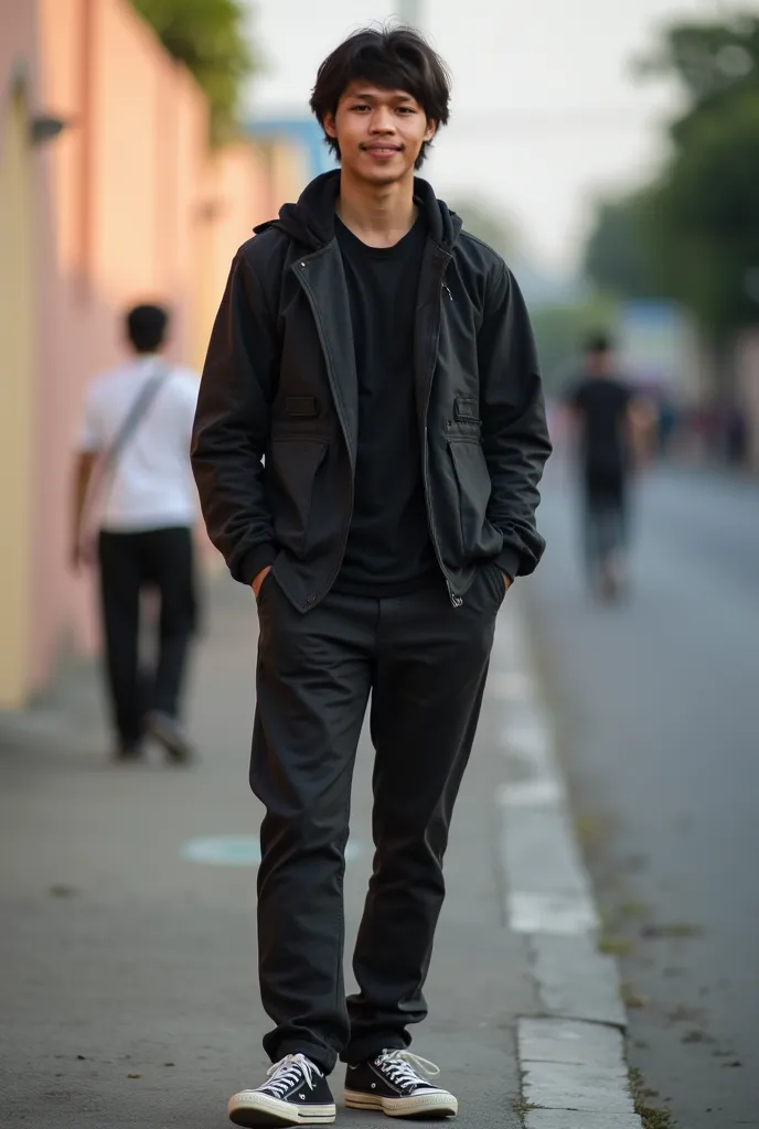 High quality self-portrait,  old Indonesian ager, slightly long hair, wearing a black T-shirt, wearing black and white Converse shoes, and wearing a black work jacket, He is standing on the edge of a city road a little far away. There is a pastel colored w...