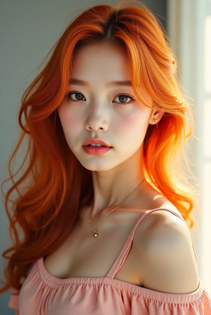 Realistic kpop woman ginger hair long