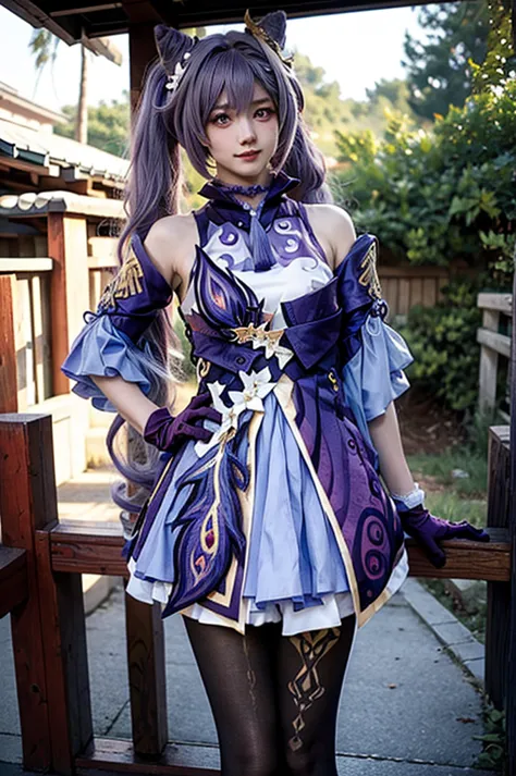 a cute boy 28 yearold ,solo,cosplay,trap,shy,breast,keqing cosplaykeqingdef,purple_eyes , purple hair , double ponytail hair, sharp eyes , gloves , black pantyhose,standing unkind pose,outdoor,beach,morning time,closeup-body.