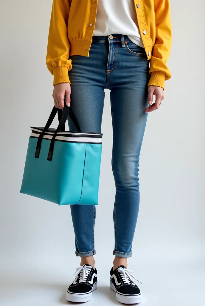 Close-up front of a young woman wearing tight jeans and Vans® sneakers, with a freezer bag on her shoulder, carrying a freezer bag, shutterstock, holding a freezer bag, square bag, thermal materials, carrying a cooler bag