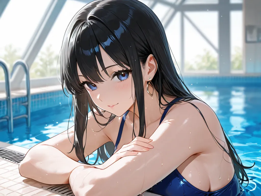 Make a beautiful woman with long black hair looking out of a pool with May