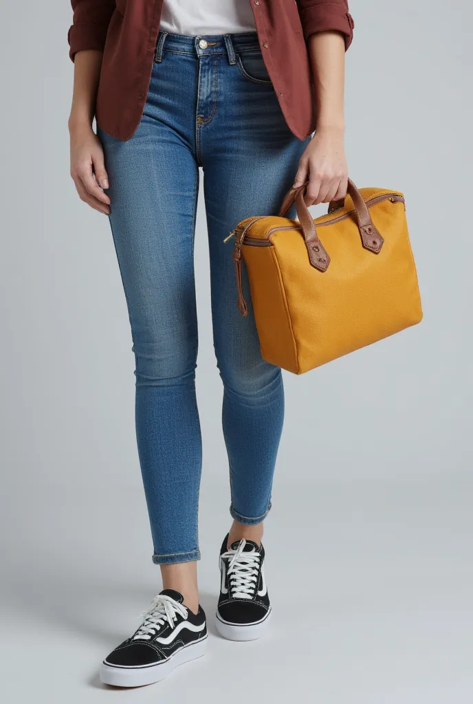 Close-up front of a young woman wearing tight jeans and Vans® sneakers, with a freezer bag on her shoulder, carrying a freezer bag, shutterstock, holding a freezer bag, square bag, thermal materials, carrying a cooler bag