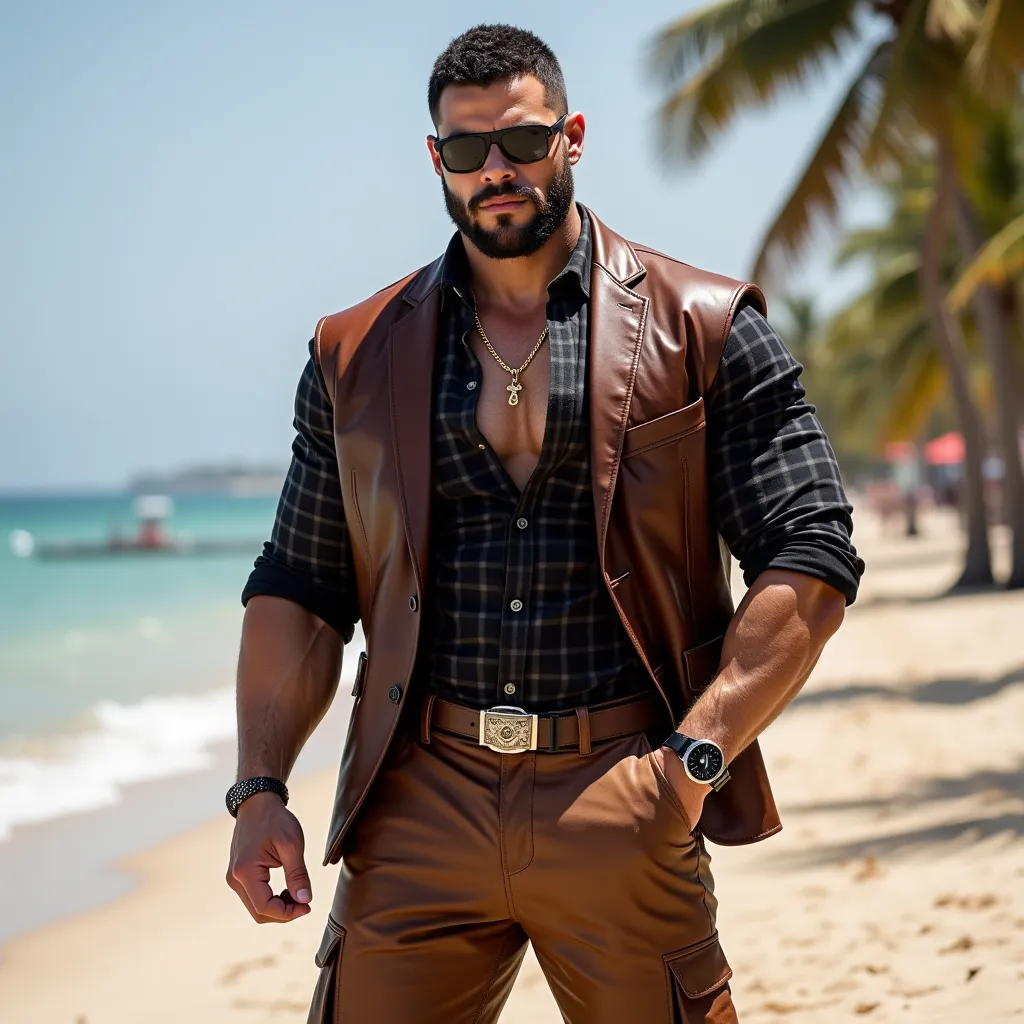 This photograph captures a young man with an exceptionally muscular large physique, hyper realistic man,, legs and chest and a neatly trimmed beard. Hairy chest, The man is dressed in a crisp, wearing unbuttoned black check  shirt, brown leather styled bla...