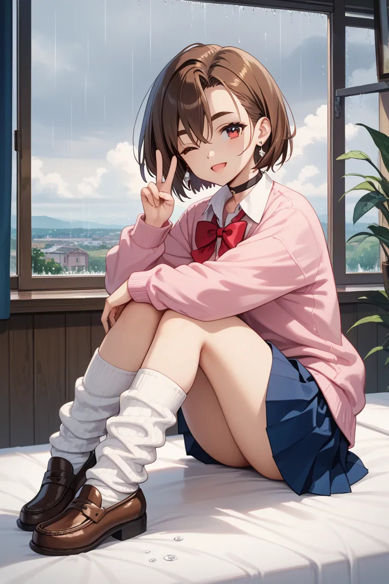 masterpiece, best quality, very aesthetic, ayase momo, dandadan, brown hair, short hair, hair between eyes, thick eyebrows, red eyes, looking at viewer, outfit_1, earrings, black choker, pink sweater, collared shirt, open collar, red bowtie, loose bowtie, ...